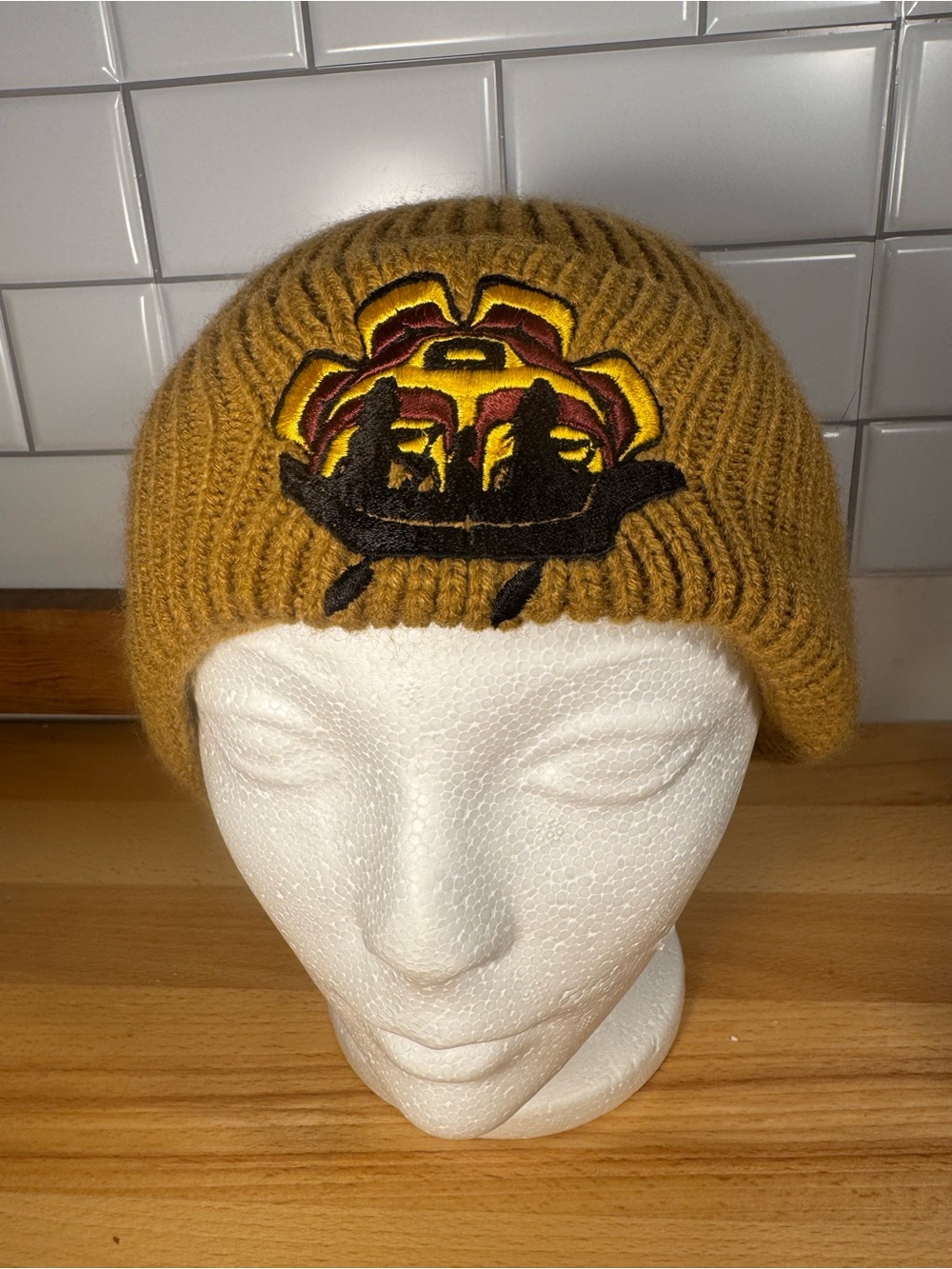 Mustard Yellow Native Art Embroidered Beanie Hat - Women Accessories